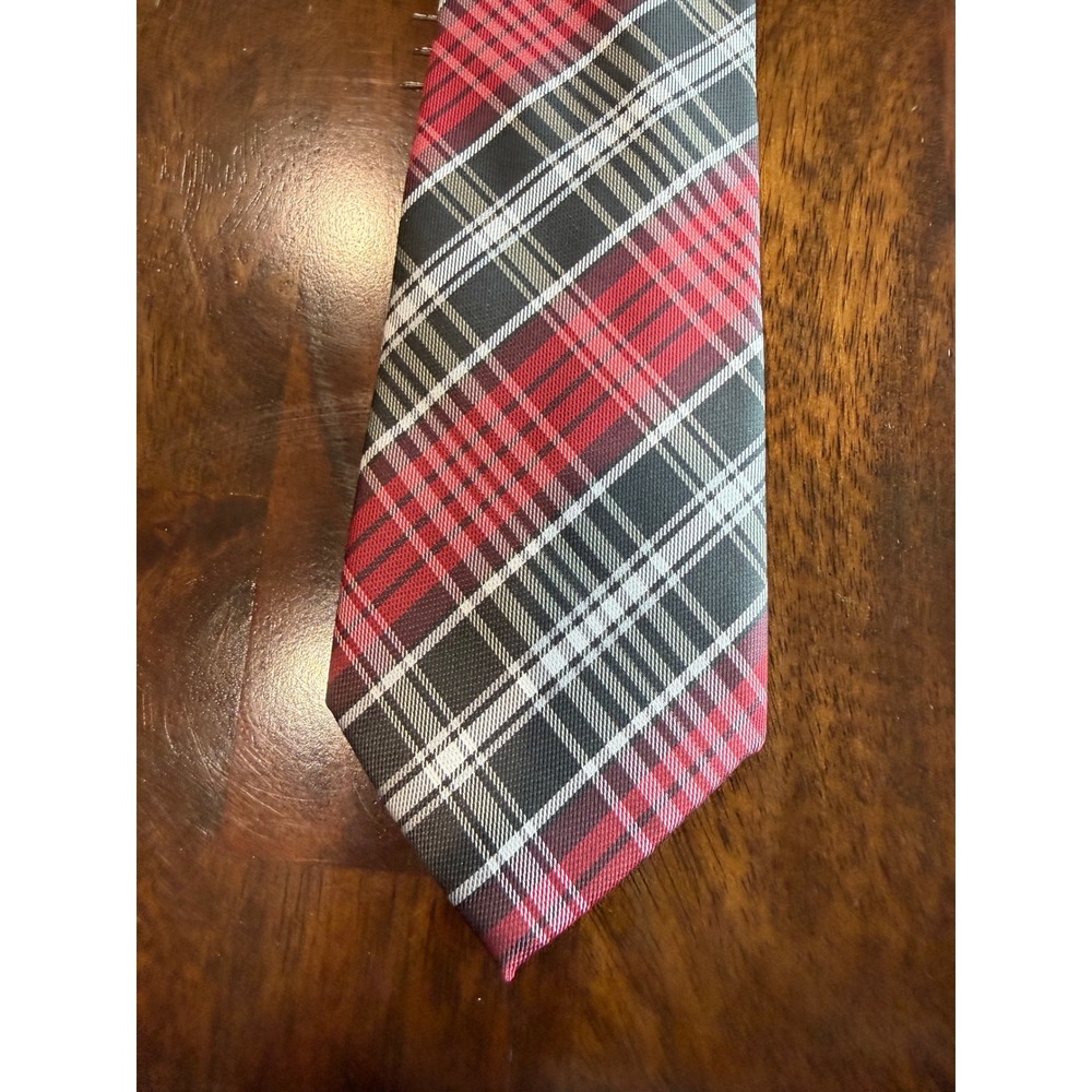 Bill Robinson Mens Red Black White Plaid Check Polyester Necktie Hand Made